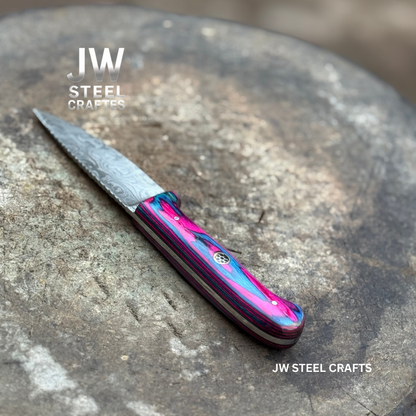 Damascus Steel Fixed Blade Knife – Pink & Blue Pakka Wood Handle | JW SteelCrafts