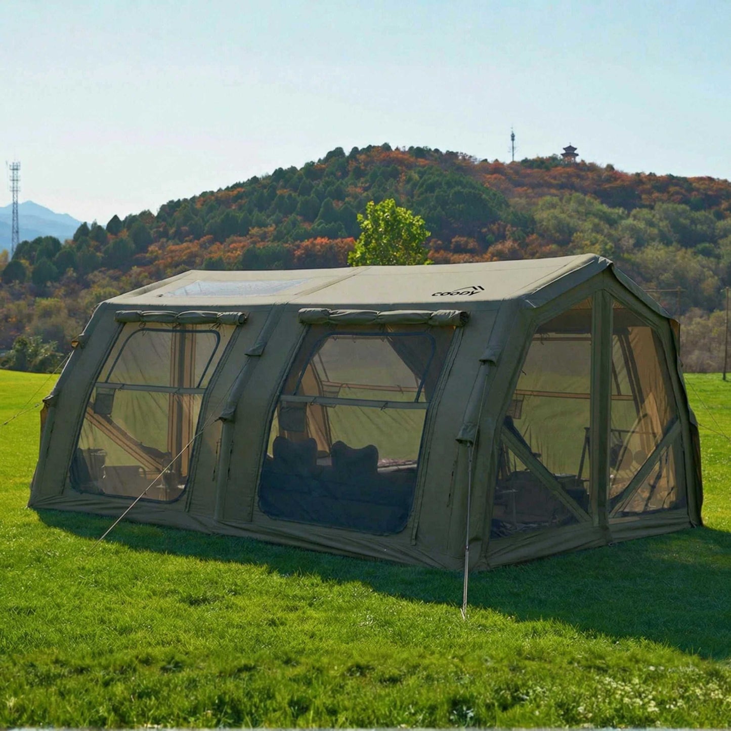 Coody Familia AirTent 17.2 PRO Forest Green (2-10 Person)+Electric Pump+TPU Door Forest Green+Ground Sheet