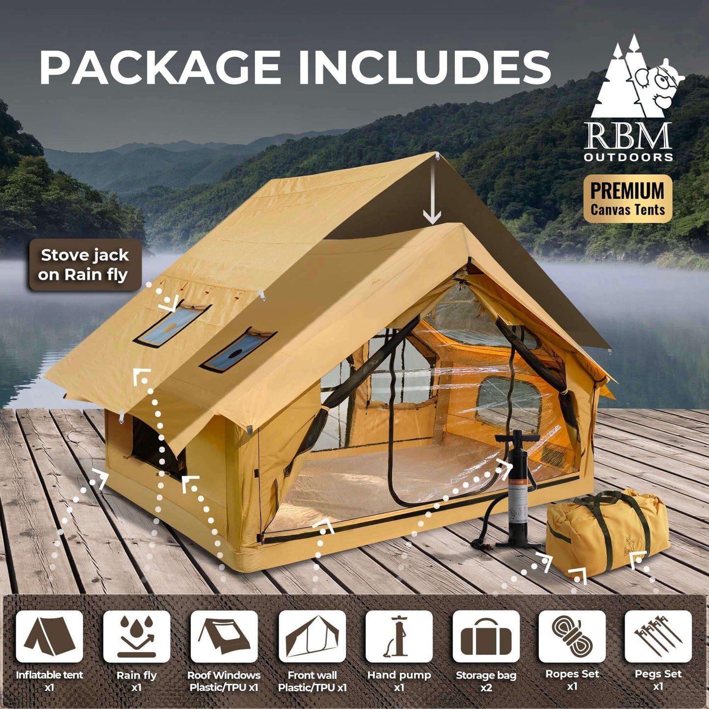 RBM Panda Medium Sunny Beige + Stove Caminus S - Inflatable Tents for Camping with Stove