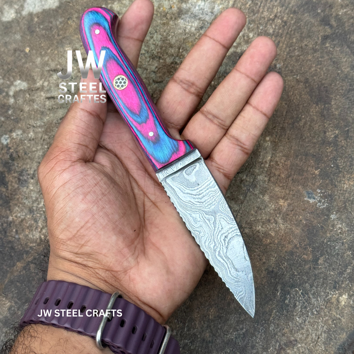 Damascus Steel Fixed Blade Knife – Pink & Blue Pakka Wood Handle | JW SteelCrafts