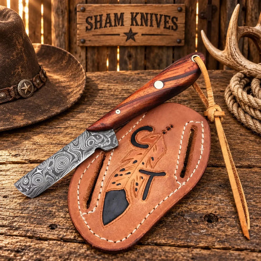 3.5" Damascus Steel Bull Cutter Knife with Rose Wood Handle & Pancake Belt Sheath