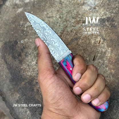 Damascus Steel Fixed Blade Knife – Pink & Blue Pakka Wood Handle | JW SteelCrafts