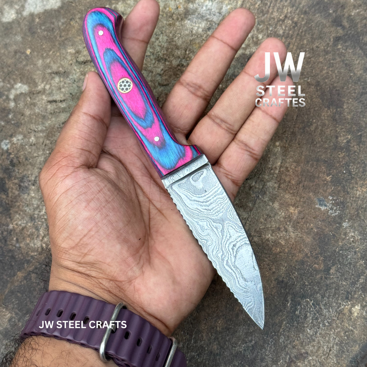 Damascus Steel Fixed Blade Knife – Pink & Blue Pakka Wood Handle | JW SteelCrafts