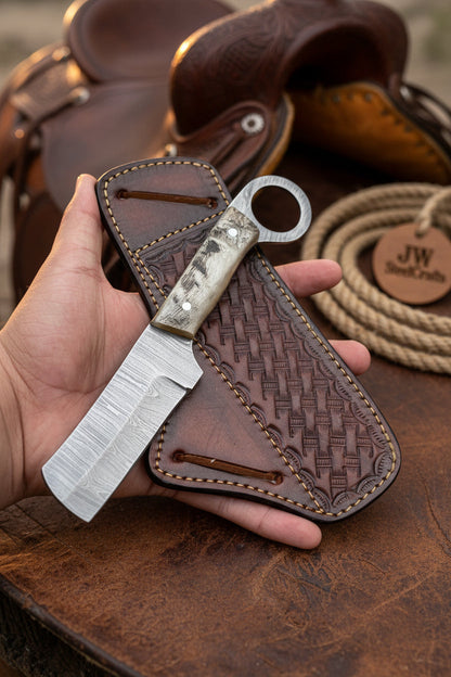 Finger Loop Prairie Bull Cutter 6.5" Handmade rasp Damascus Steel Leather Crossdraw