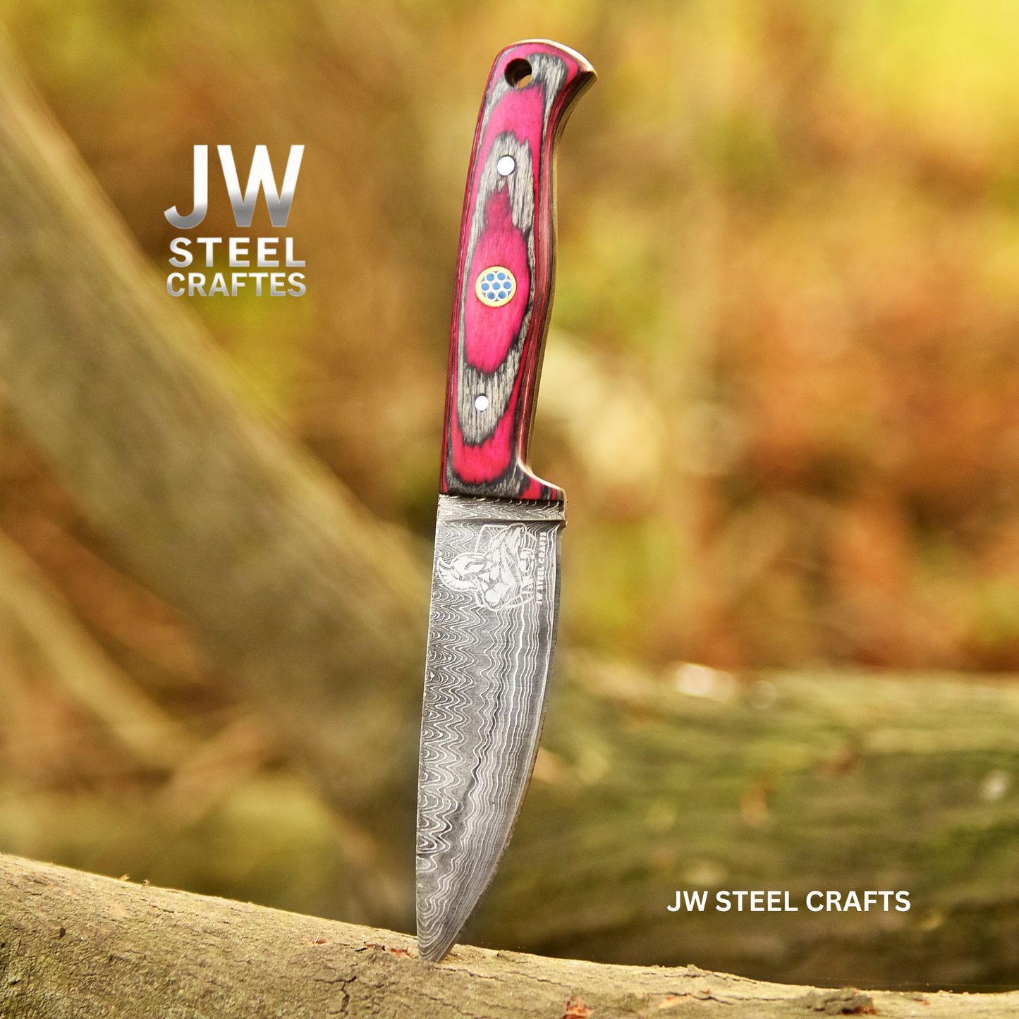 Damascus Steel Fixed Blade Knife – Pink & Blue Pakka Wood Handle | JW SteelCrafts
