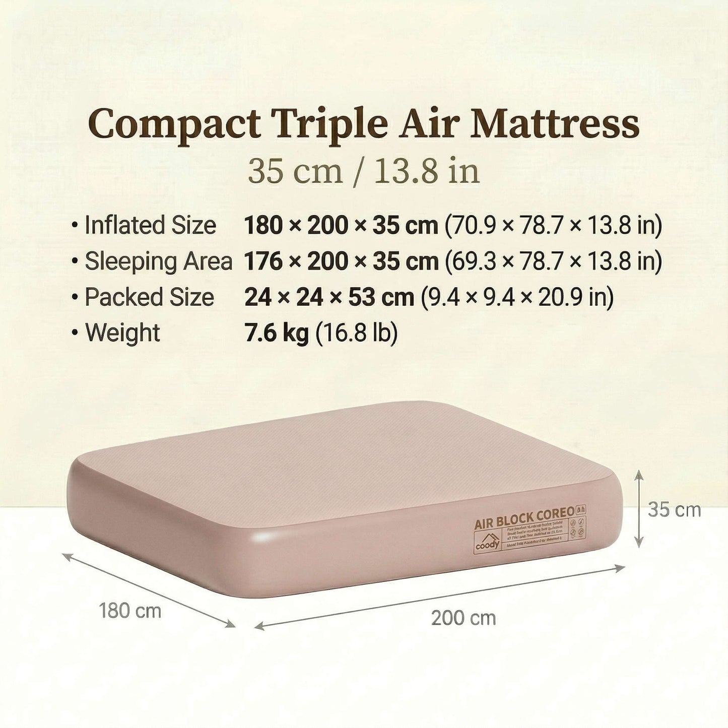 Coody Coreo Air Mattress Wide Queen (180 × 200 × 35 cm) – Structured Air Block Inflatable Bed, Compact Pack Design