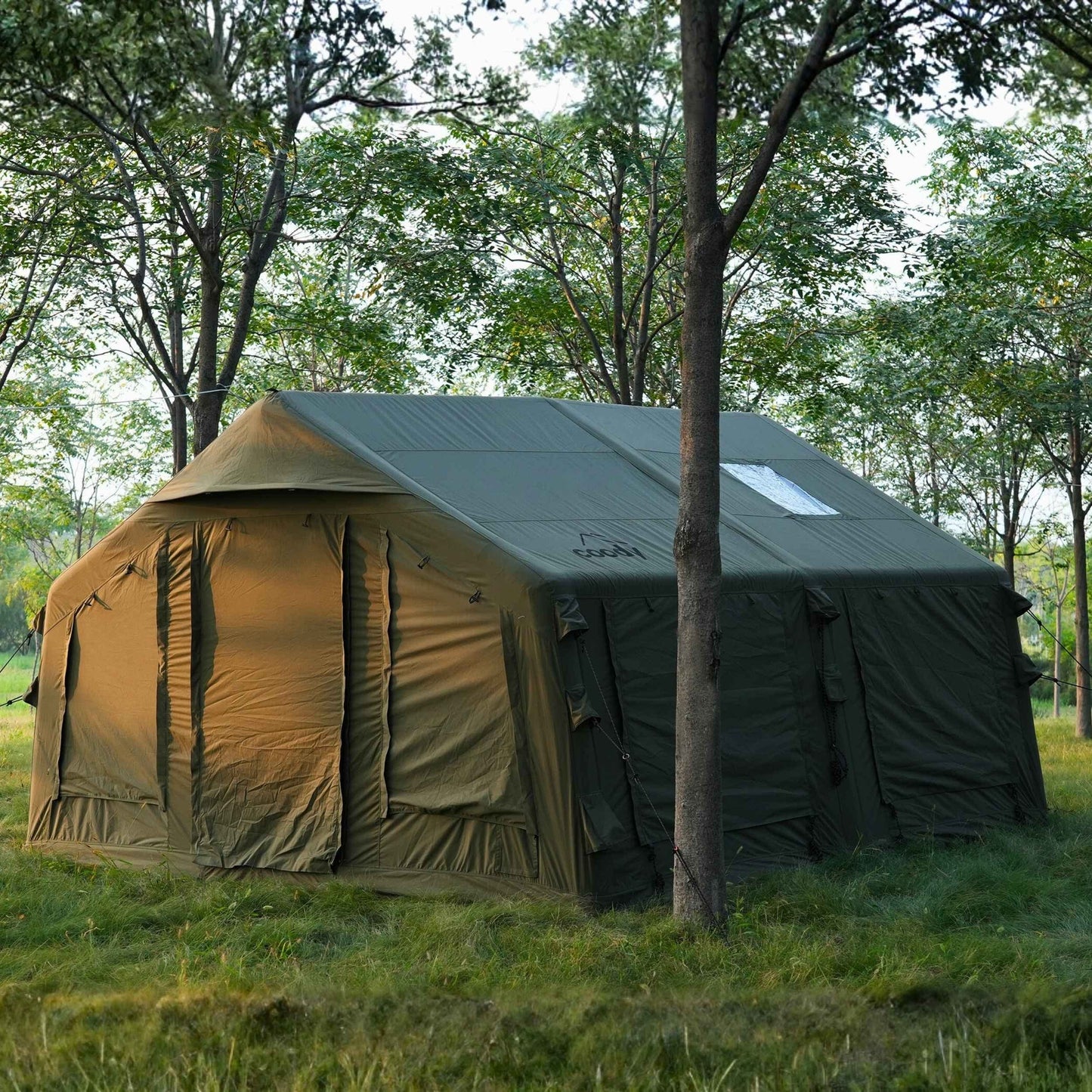 Coody 13.6 | RBM Outdoors (Koala 5) Forest Green + Stove Caminus M - Inflatable Tents with Stove
