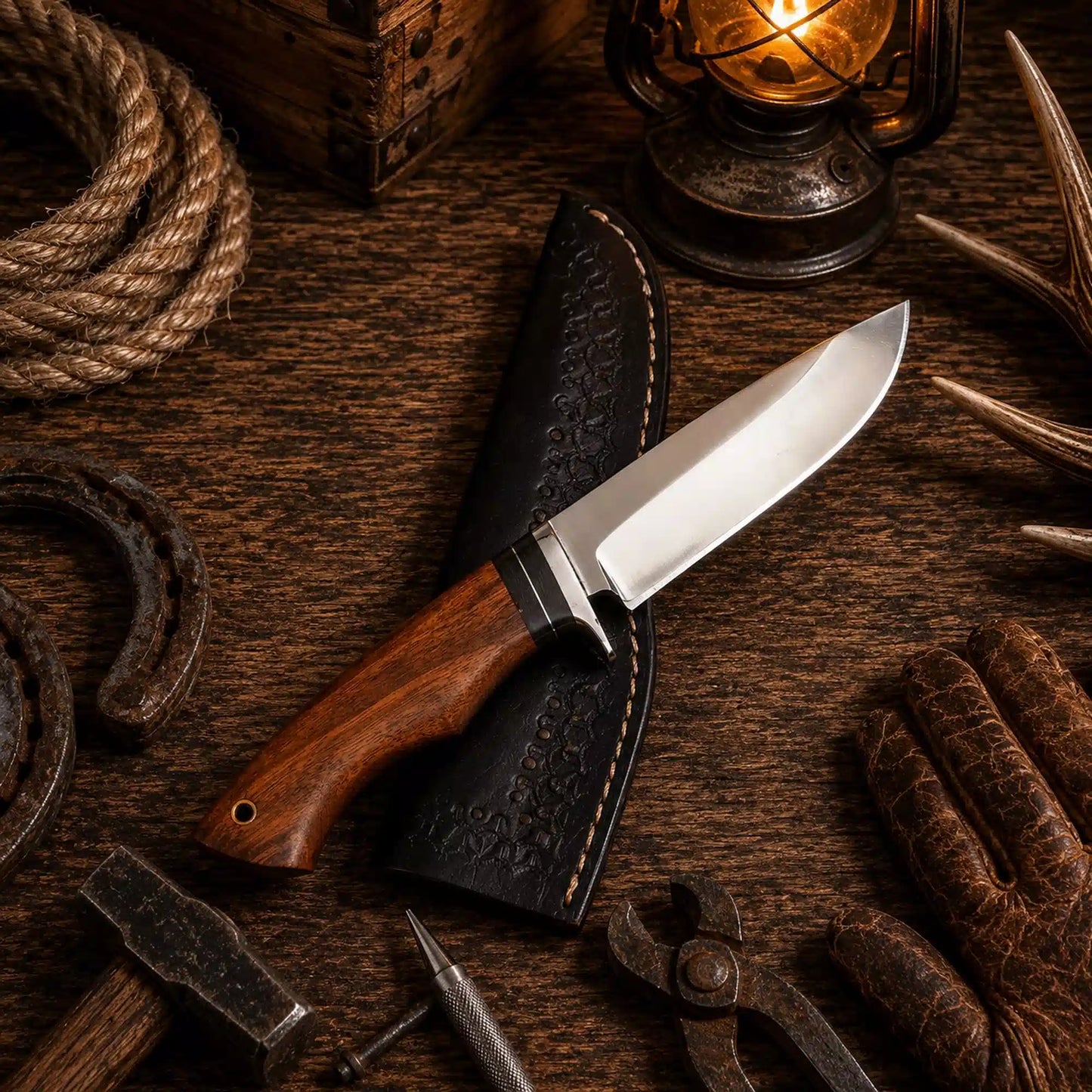 440C Steel Fixed Blade Outdoor Camping Hunting Survival Knife With Leather Sheath