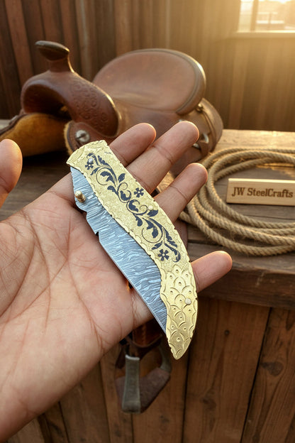 Calligraphy Engraved Brass Folder Knife 10" Handmade Damascus Blade