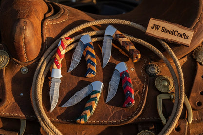 Wovencord Pocket Knife Set 8.5" Handmade Set of 5 Damascus Steel Blades