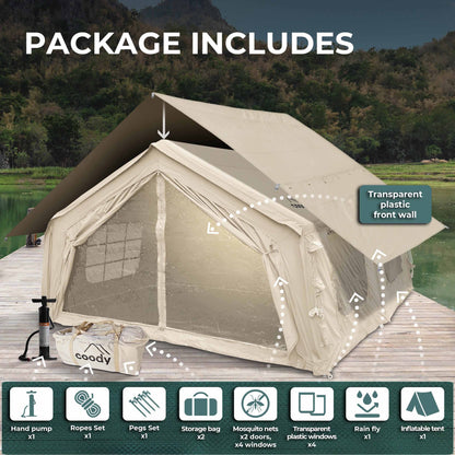 Coody 17.2 | RBM Outdoors (Koala 7) Beige + Stove Caminus M - Inflatable Tents for Camping with Stove