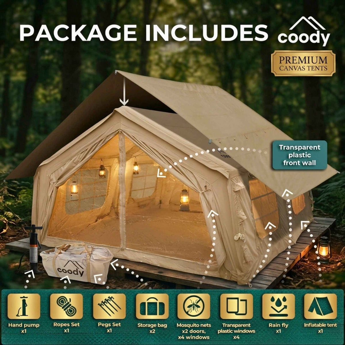 Coody Familia AirTent 17.2 Beige – Large Inflatable Hot Tent with Stove Jack for Camping, 2–10 People