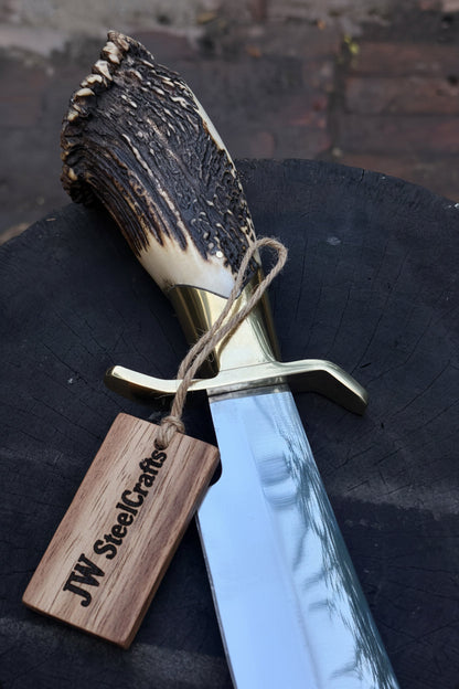 Handmade Carbon Steel Hunting Knife with Stag Horn Handle & Leather Sheath