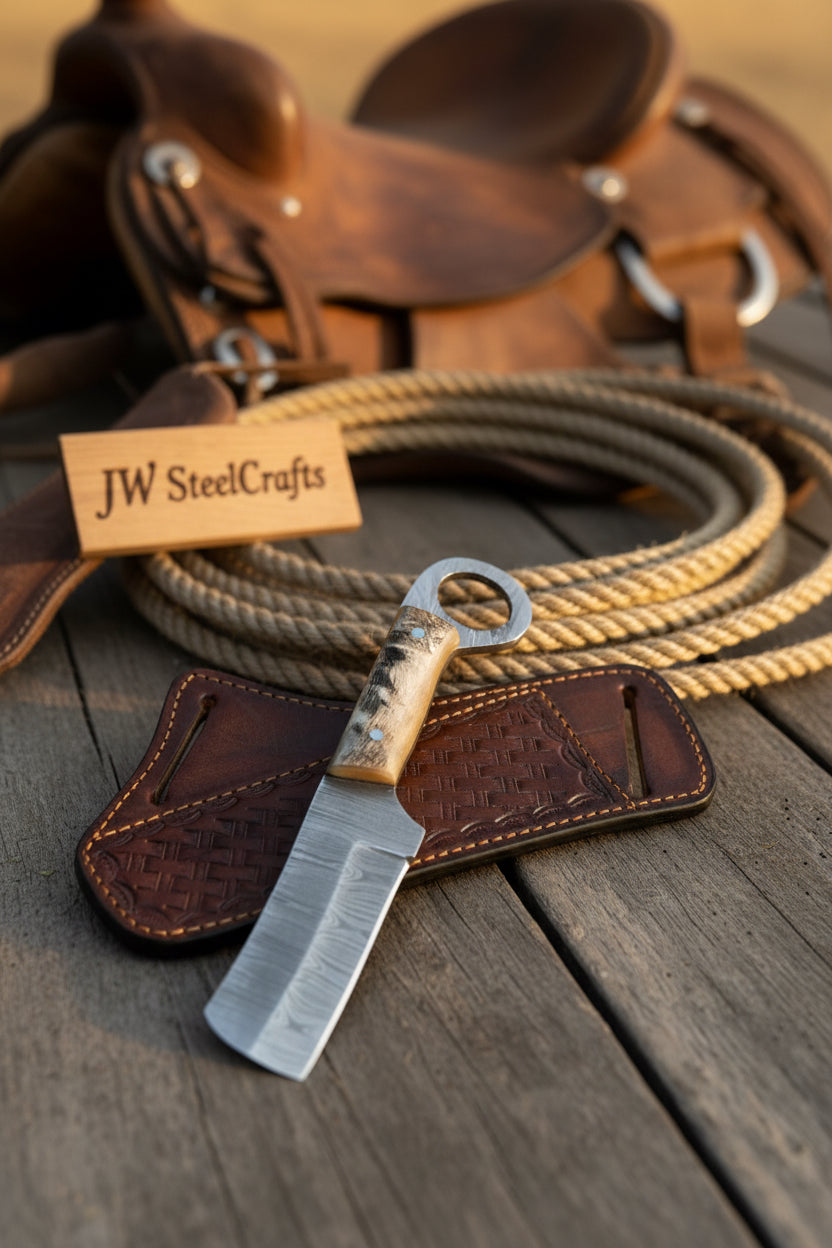 Finger Loop Prairie Bull Cutter 6.5" Handmade rasp Damascus Steel Leather Crossdraw