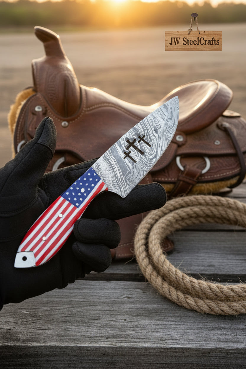 Old Glory Hunting Knife 10" Handmade Damascus American Flag Handle