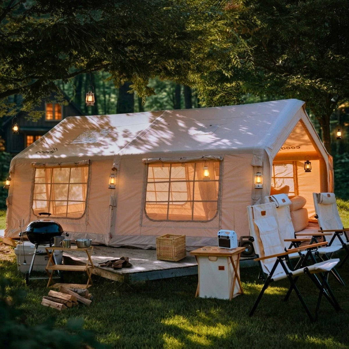 Coody Familia AirTent 17.2 Beige – Large Inflatable Hot Tent with Stove Jack for Camping, 2–10 People