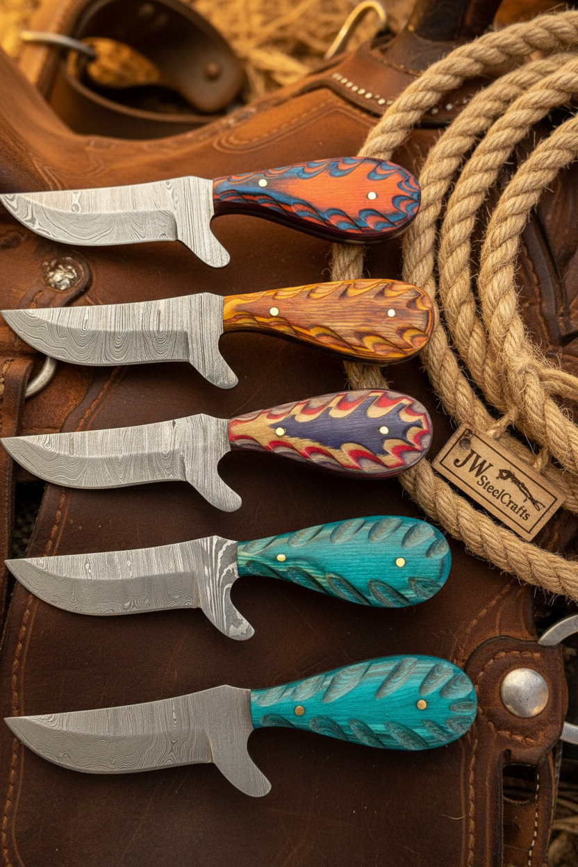 Wildwood Cowboy Knife Set of 5 Handmade Damascus Wood Grain Resin Handle