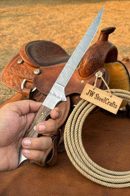 Handmade 13 Inch Overall Damascus Steel Fillet Knife –  Full Tang Fishing Knife with Hardwood Handle and Leather Sheath.
