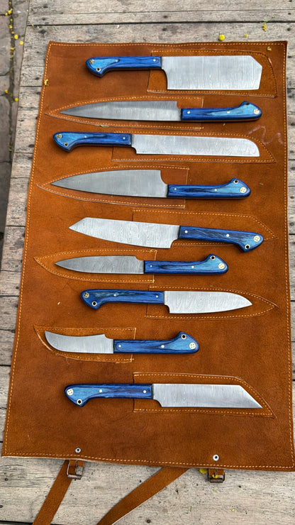 9-Piece Damascus Kitchen Knife Set with Leather Roll and Blue Pakka Wood Handles