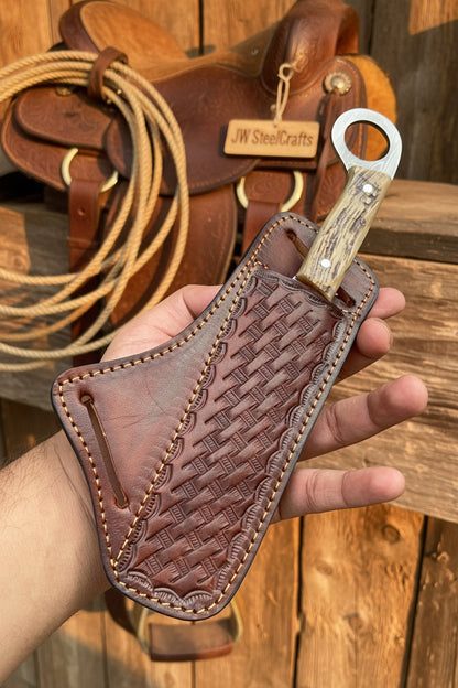 Finger Loop Prairie Bull Cutter 6.5" Handmade rasp Damascus Steel Leather Crossdraw