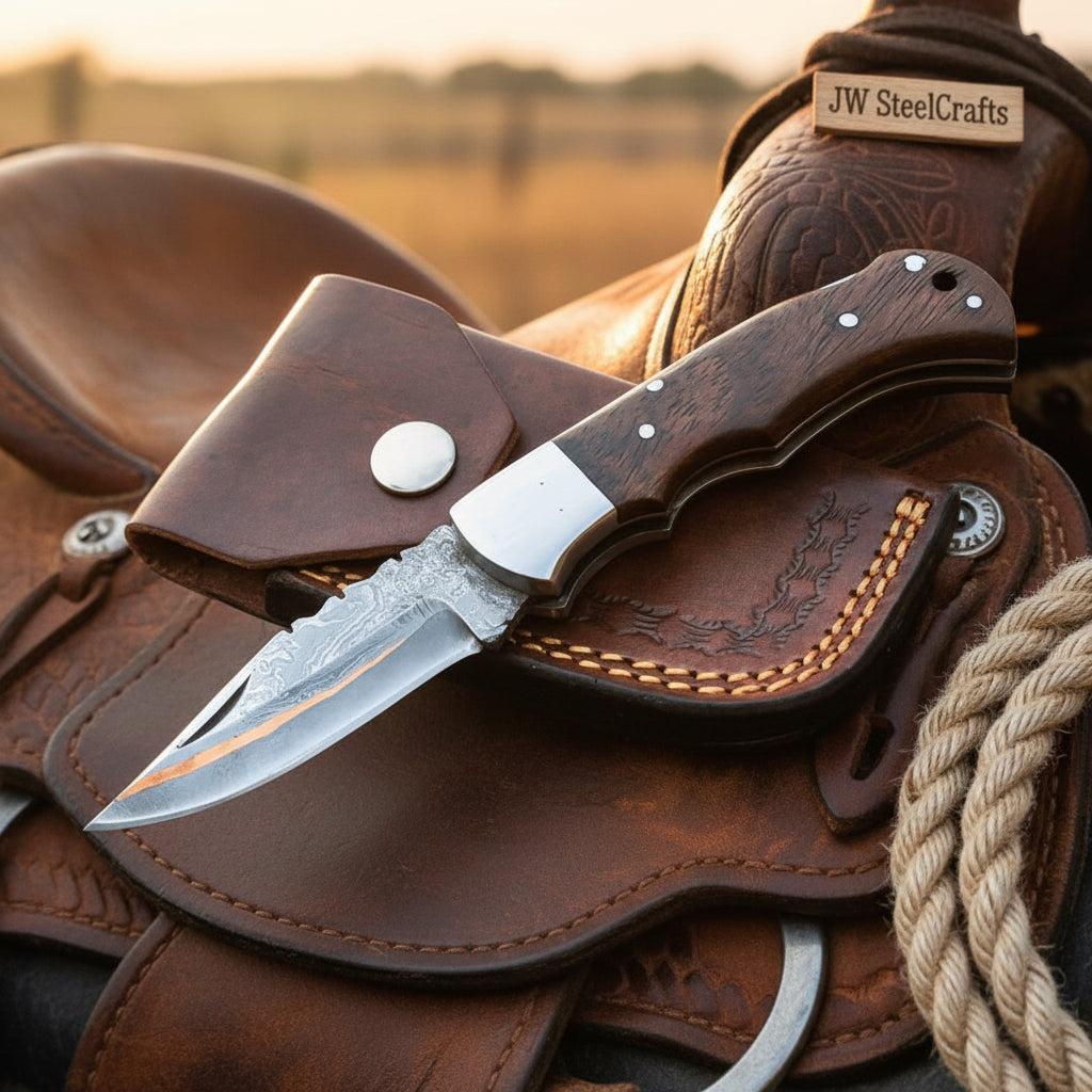 Saddle Ridge Folding Hunter Knife 8" Handmade Damascus Liner Lock