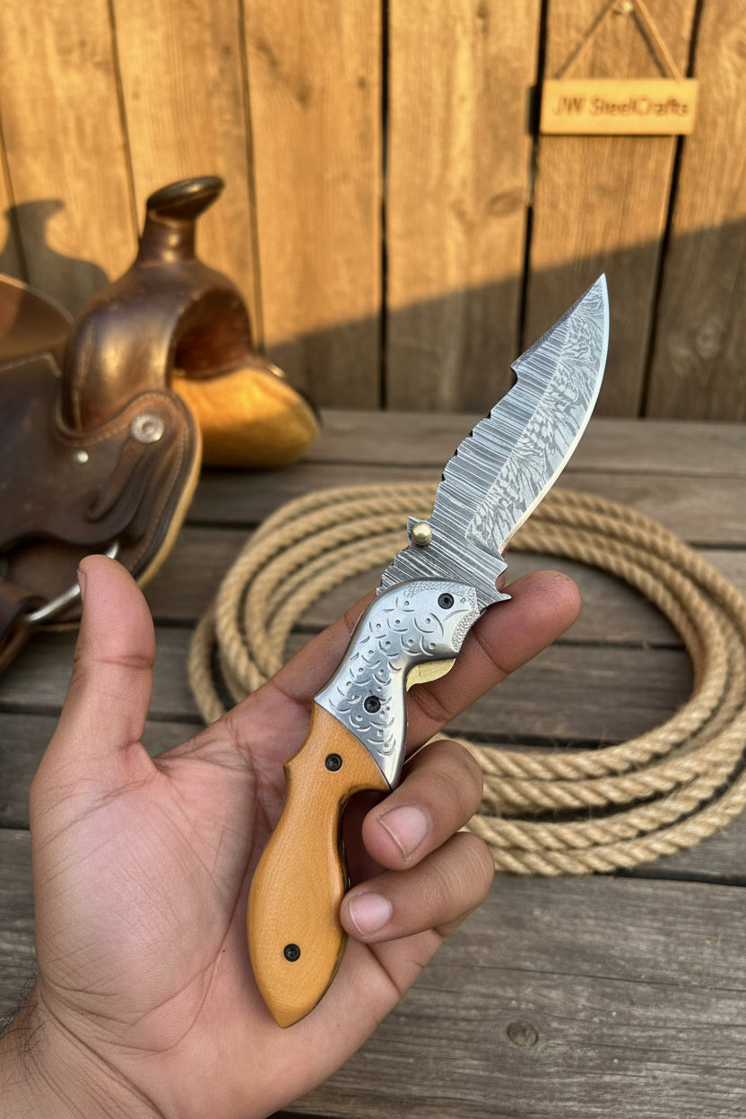 Honeywood Hawkbill Folder Knife 8" Handmade Wood Handle Damascus Blade