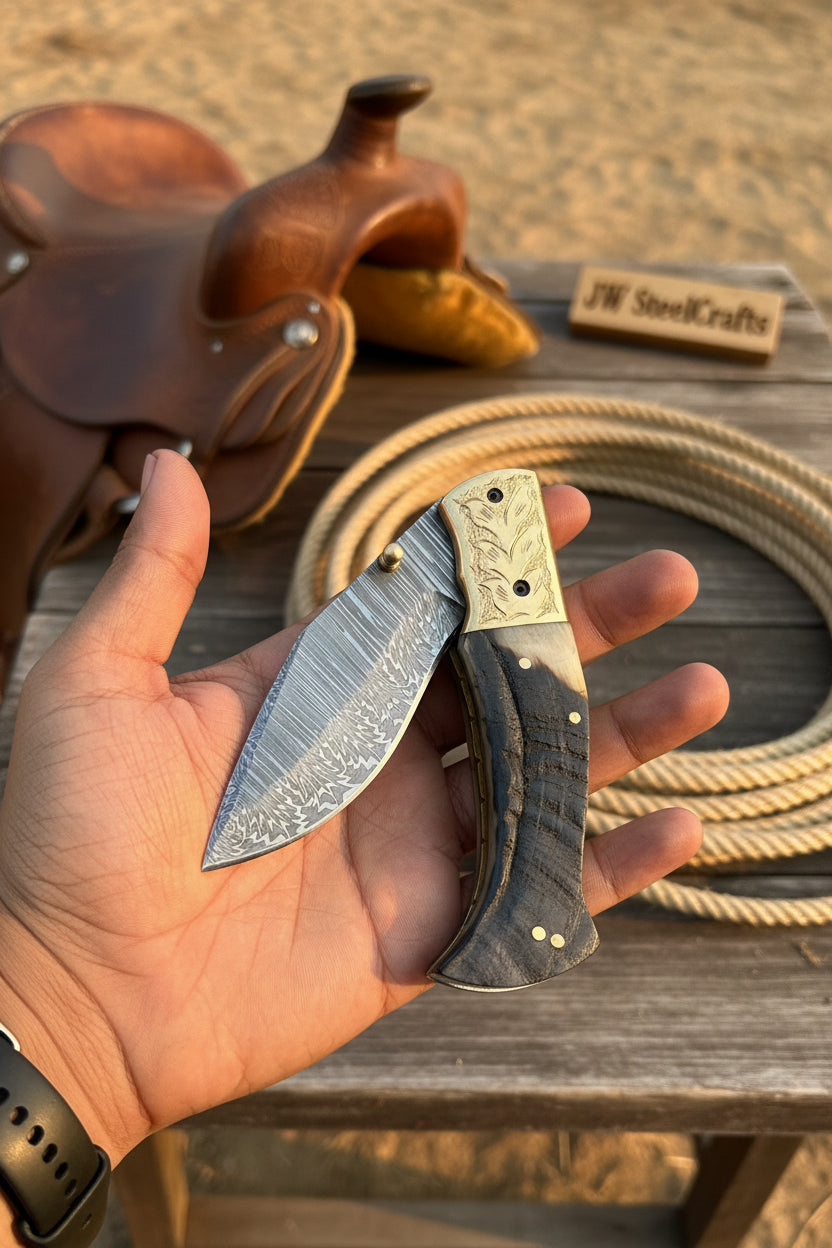 Stagline Damascus Folder 7" Handmade Horn Handle Damascus Bolster