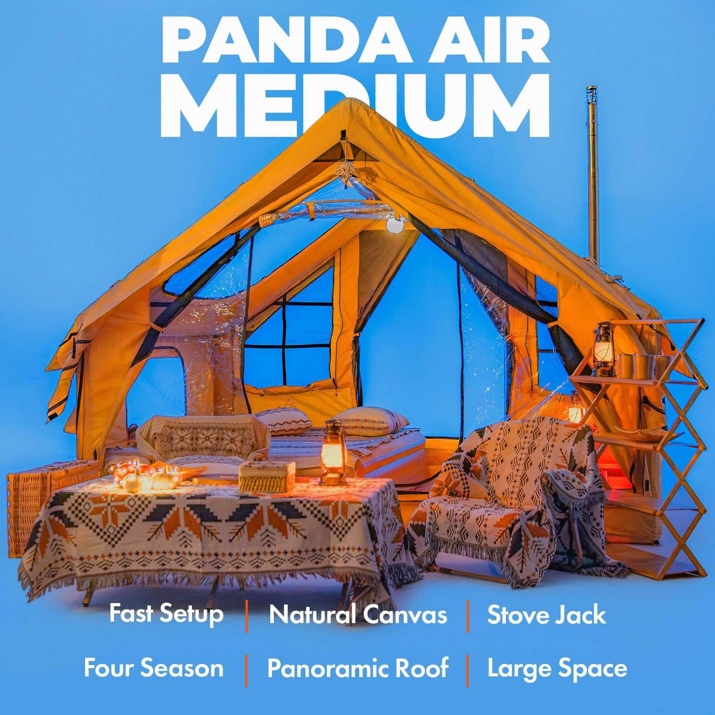 RBM Panda Medium Sunny Beige + Stove Caminus S - Inflatable Tents for Camping with Stove