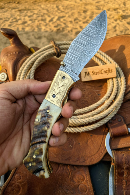 Stagline Damascus Folder 7" Handmade Horn Handle Damascus Bolster