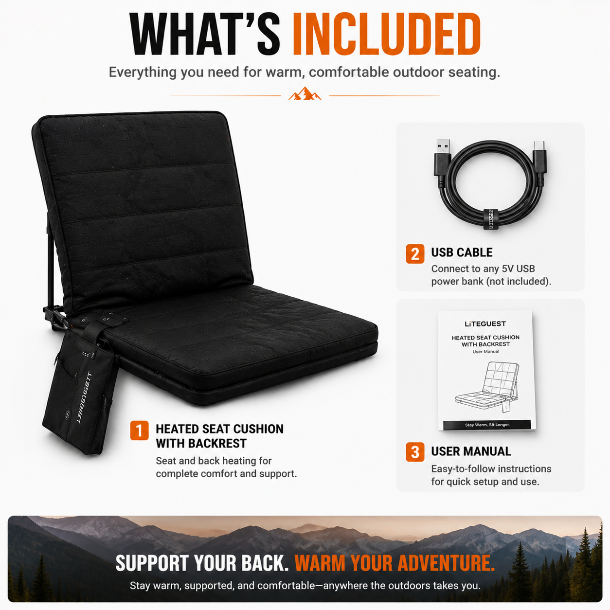 LITEGUEST Heated Outdoor Seat Cushion with Backrest – Winter Comfort