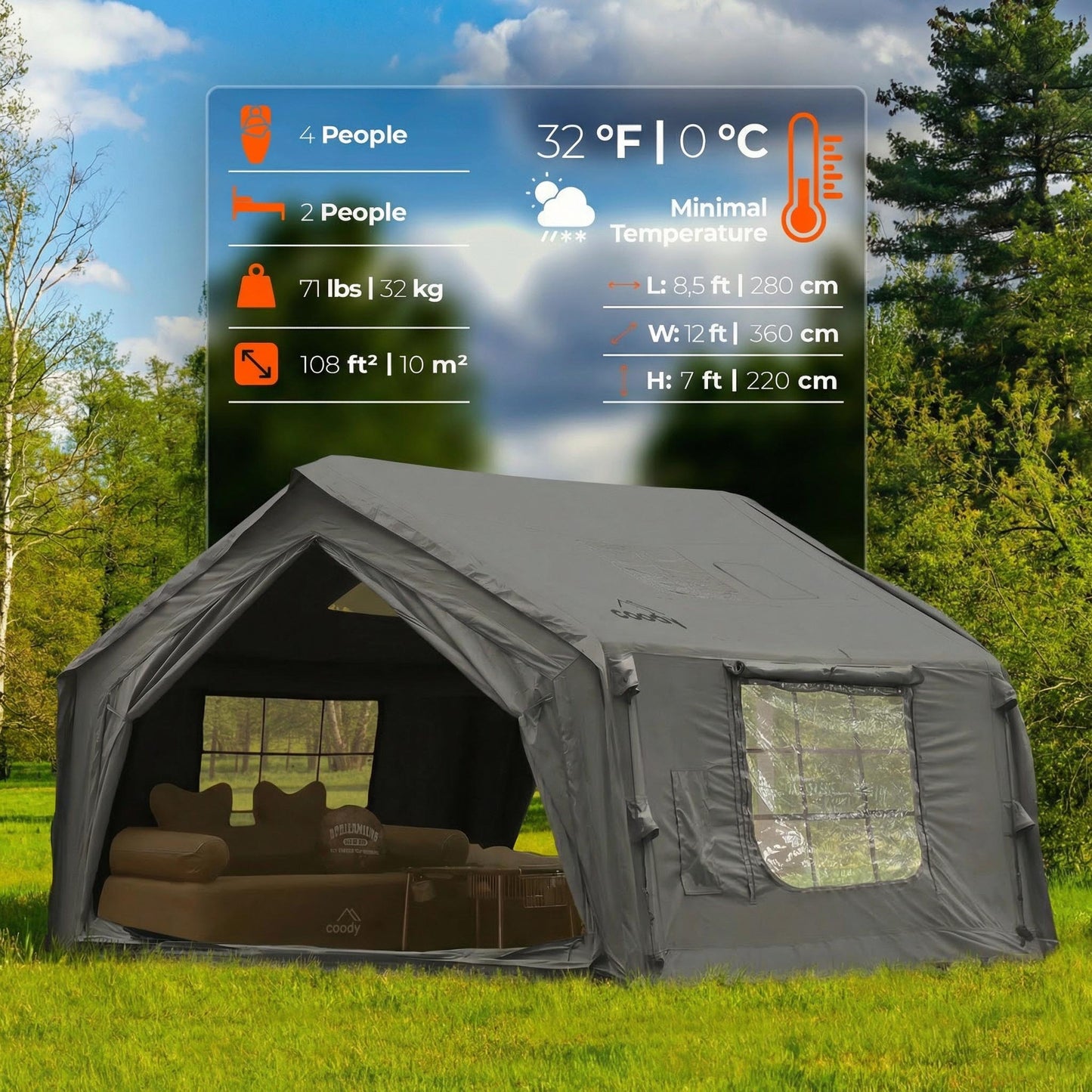 Coody 10 Gray Inflatable Tent House for Camping (2-4 person)