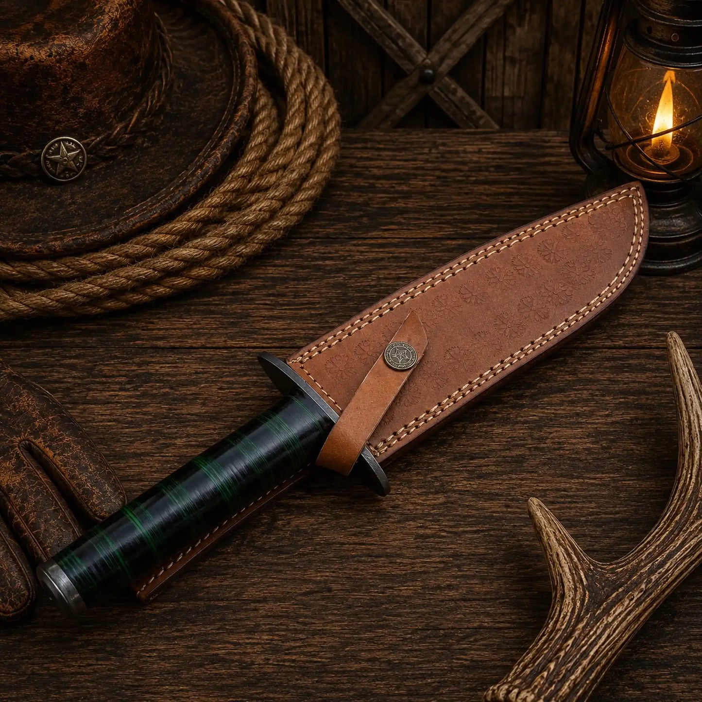 Western Trailmaster Bowie Knife – Damascus Steel, Exotic Wood Handle & Leather Sheath