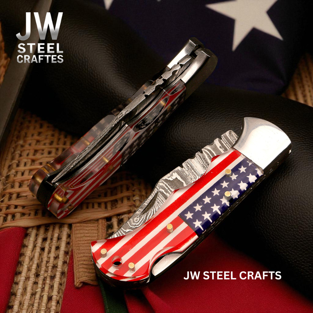Handmade Damascus Folding Knife with Ram Horn or American Flag Handle