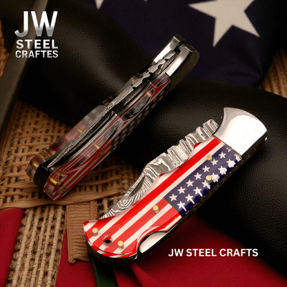 Handmade Damascus Folding Knife with Ram Horn or American Flag Handle
