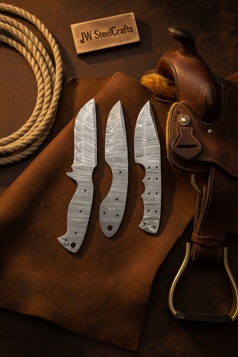 Damascus Knife Blanks Set 4.5 Inch Blades Fixed Blade DIY Trio