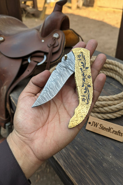 Calligraphy Engraved Brass Folder Knife 10" Handmade Damascus Blade