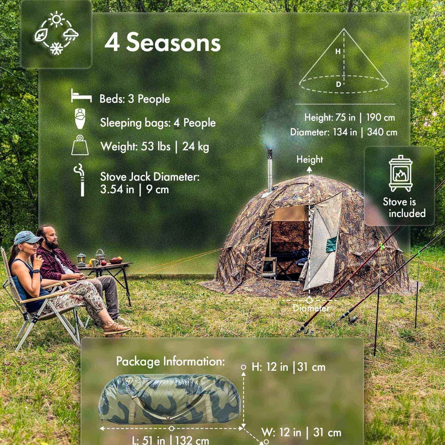 RBM All-Seasons tent  UP-2 for 2-4 person + Wood Stove Caminus M