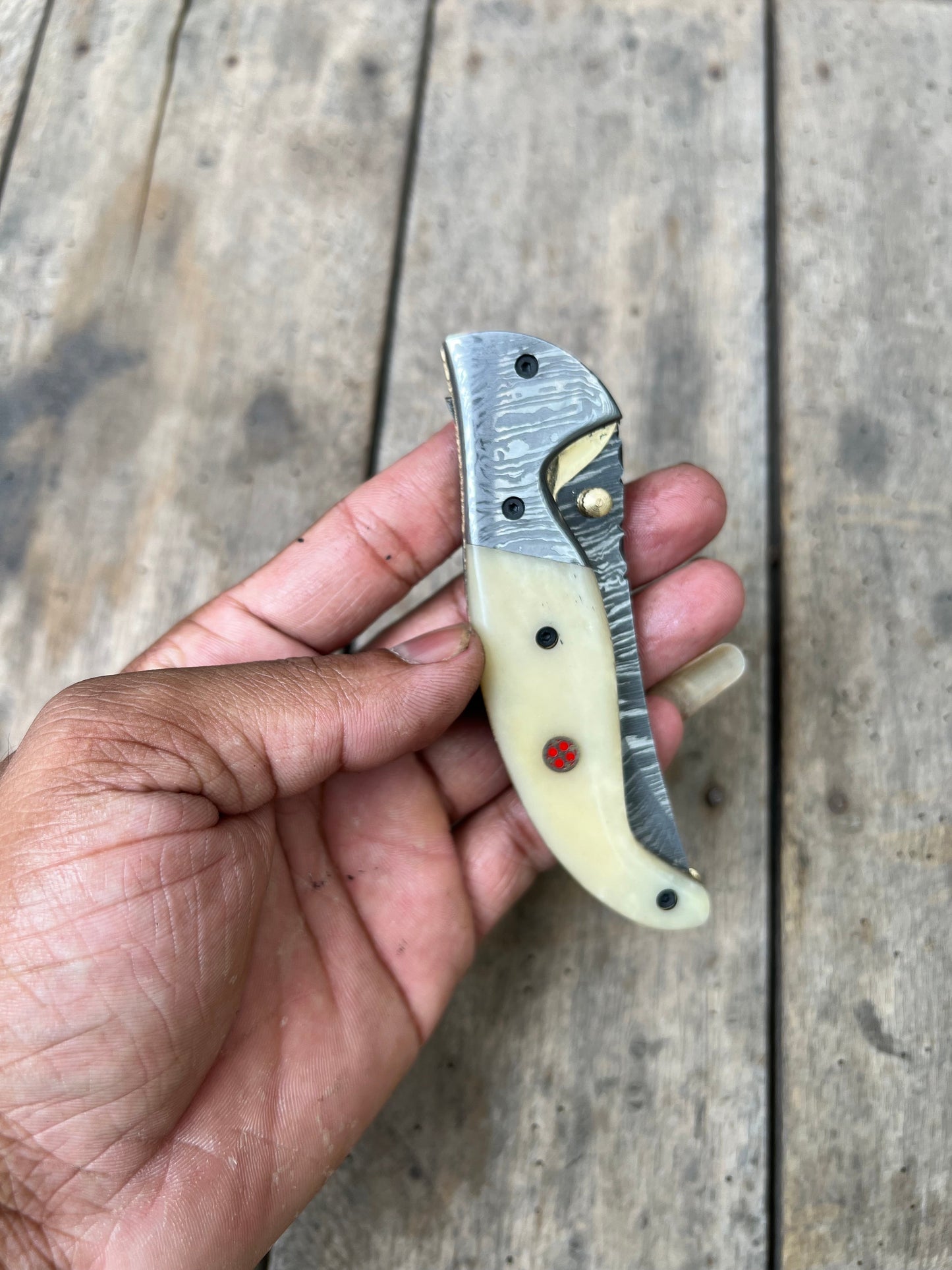 Handmade Damascus Folding Knife with Bone Handle – Compact EDC Pocket Knife with Leather Sheath