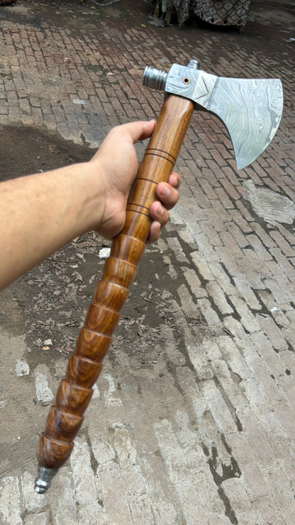 Hand Forged Damascus Smoking Axe with Ringed Hardwood Handle and Leather Sheath | JW SteelCrafts