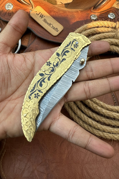 Calligraphy Engraved Brass Folder Knife 10" Handmade Damascus Blade