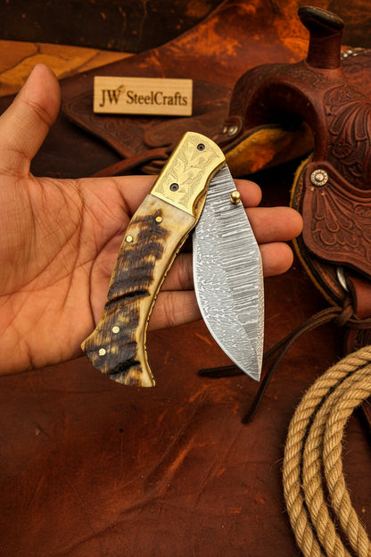Stagline Damascus Folder 7" Handmade Horn Handle Damascus Bolster