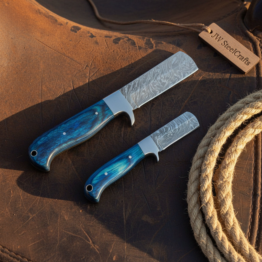Cobalt Wave Bull Cutter Duo Knife 6" Handmade Damascus Set of 2
