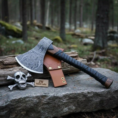Heavy-Duty Damascus Camp Axe with Leather Wrap Handle