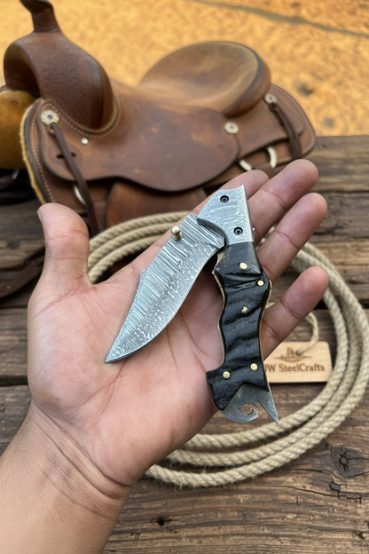 Grithorn Damascus Folder 7" Handmade Horn Handle Lock Back Mechanism