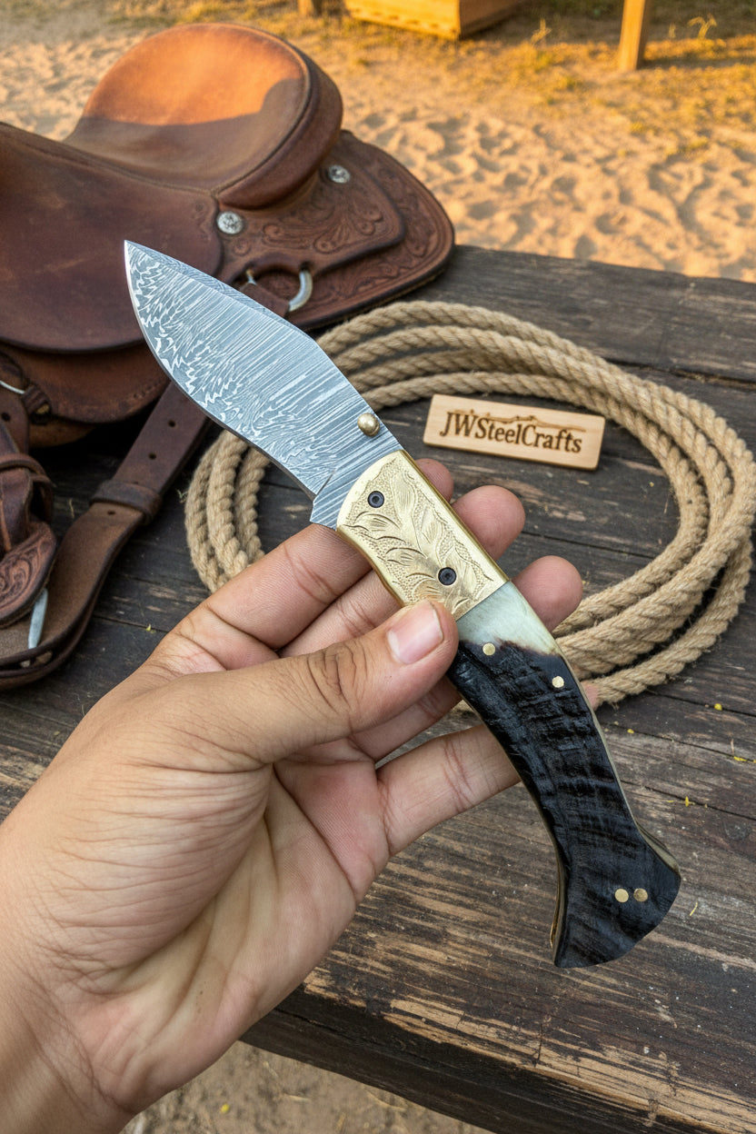 Stagline Damascus Folder 7" Handmade Horn Handle Damascus Bolster