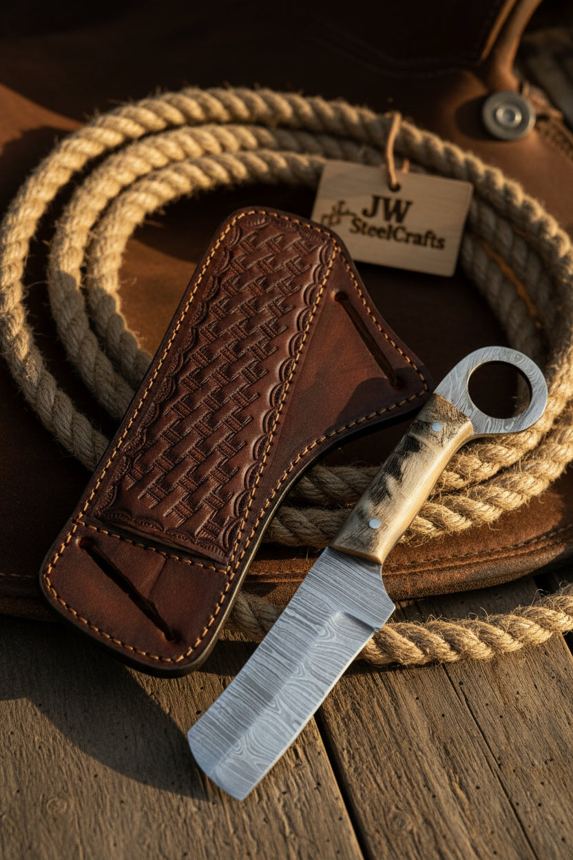 Finger Loop Prairie Bull Cutter 6.5" Handmade rasp Damascus Steel Leather Crossdraw