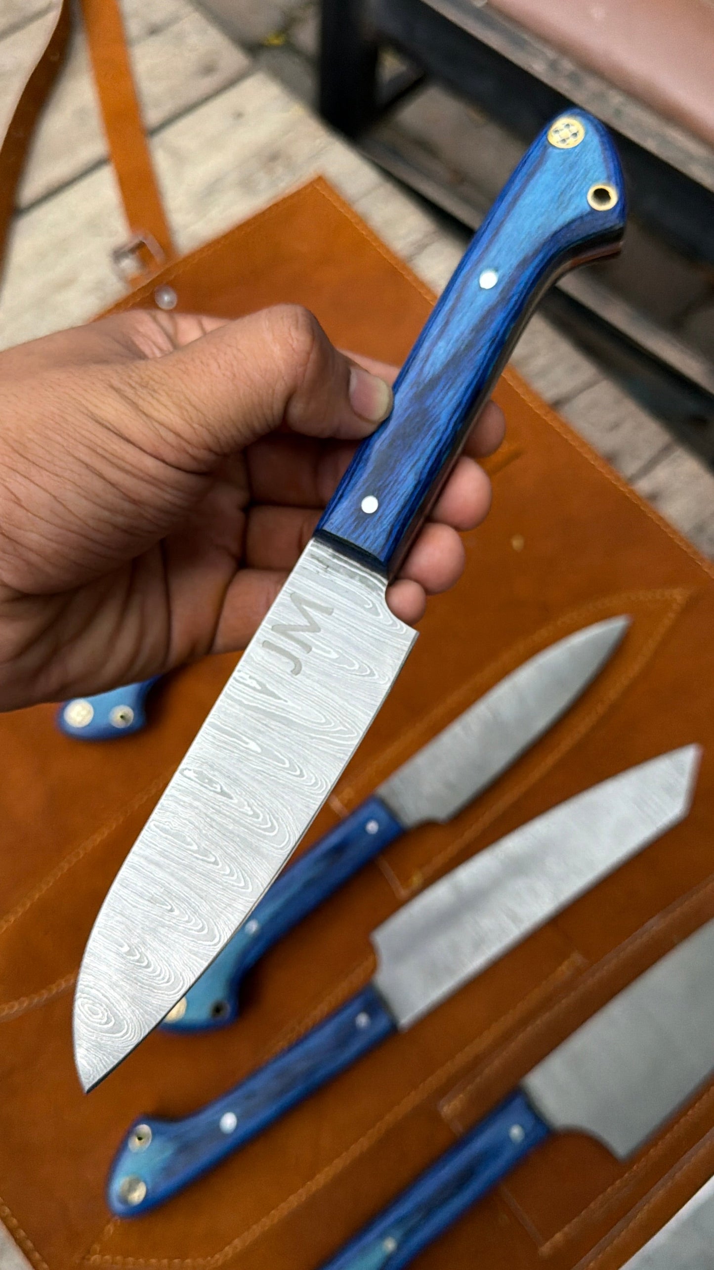 9-Piece Damascus Kitchen Knife Set with Leather Roll and Blue Pakka Wood Handles