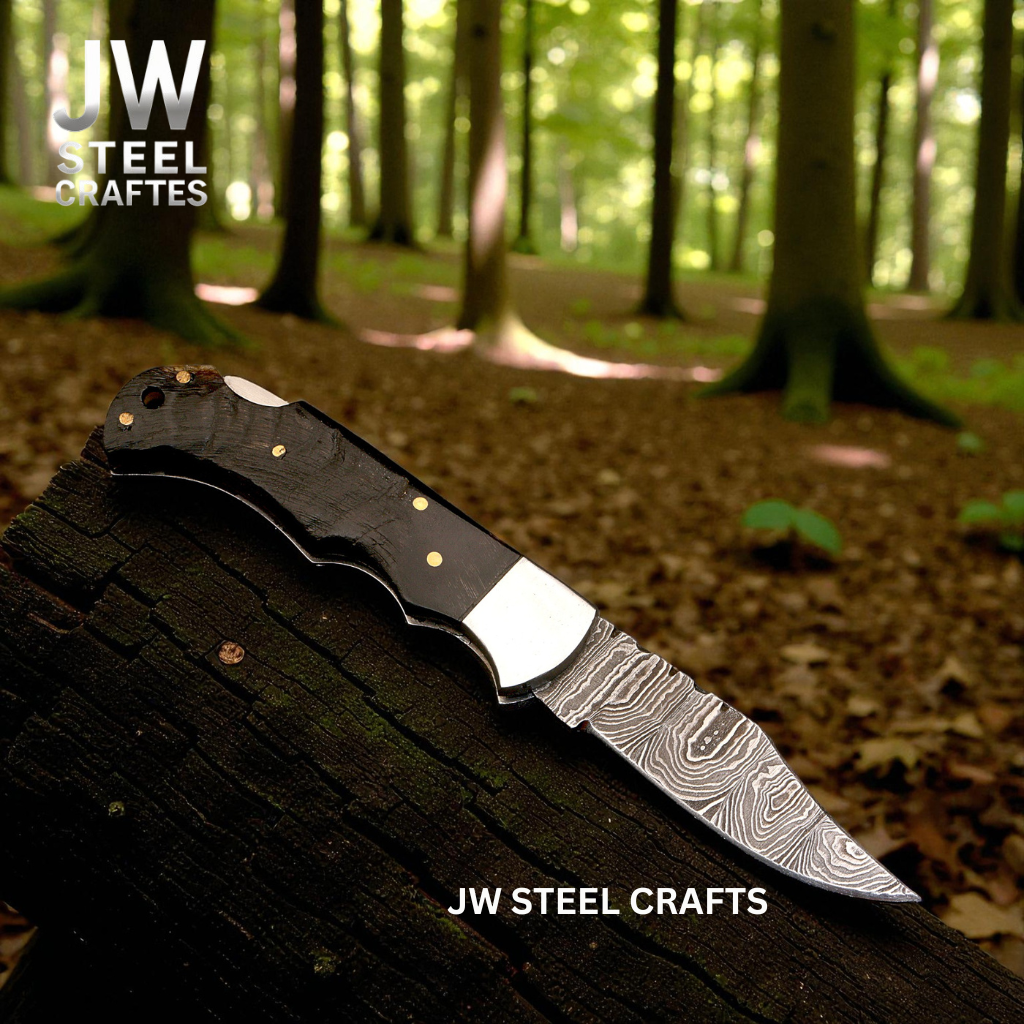 Handmade Damascus Folding Knife with Ram Horn or American Flag Handle