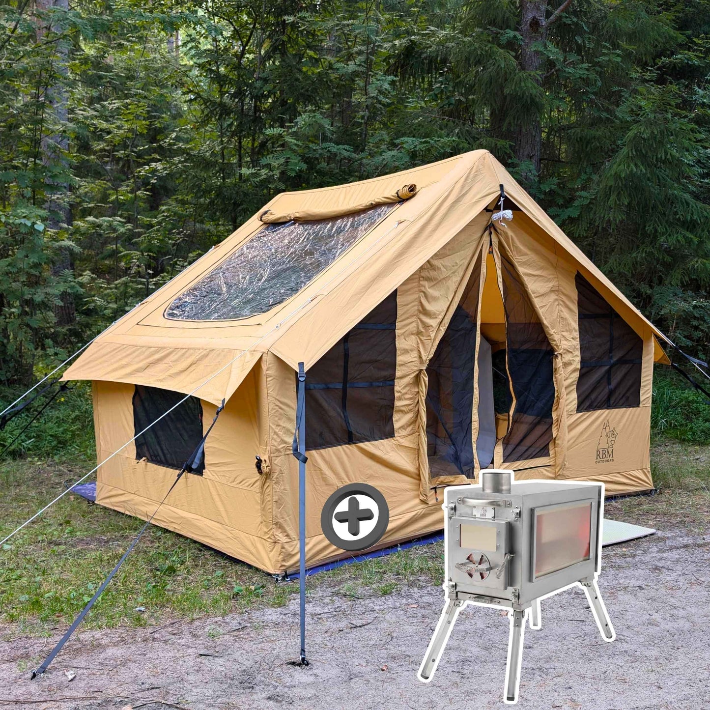 RBM Panda Medium Sunny Beige + Stove Caminus S - Inflatable Tents for Camping with Stove