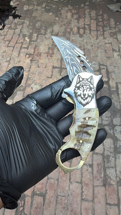 Wolf Claw Damascus Folding Karambit with Engraved Wolf Bolster&nbsp;